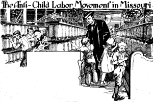 Ein Plakat zeigt die Anti-Kinderarbeit-Bewegung in Missouri mit einer Gruppe von Menschen in traditioneller Kleidung, einige stehen, einige sitzen, mit besorgten Gesichtern und Text oben und unten mit der Aufschrift "Die Anti-Kinderarbeit-Bewegung in Missouri."