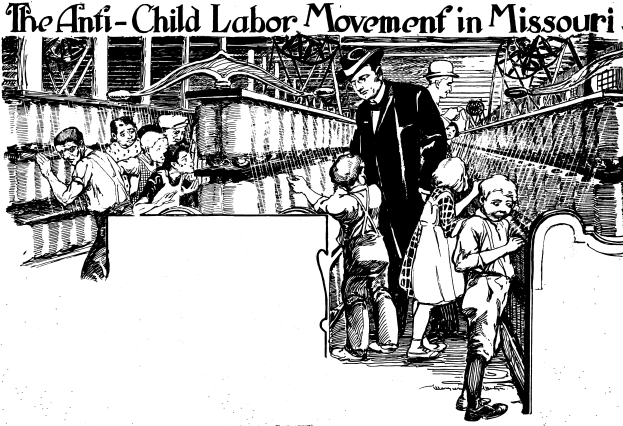 Ein Plakat zeigt die Anti-Kinderarbeit-Bewegung in Missouri mit einer Gruppe von Menschen in traditioneller Kleidung, einige stehen, einige sitzen, mit besorgten Gesichtern und Text oben und unten mit der Aufschrift "Die Anti-Kinderarbeit-Bewegung in Missouri."