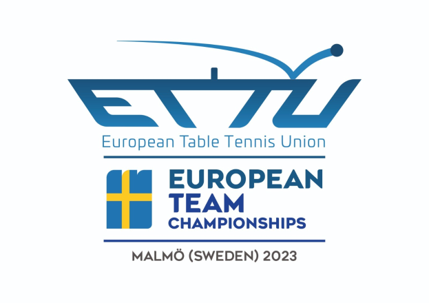 Das Logo der Europäischen Tischtennis-Union (ETTU) für die Europäischen Mannschaftsmeisterschaften, bestehend aus einem blauen Kreis mit einem weißen Tischtennisschläger und einem weißen und blauen Rand, mit schwarzem Text darunter.