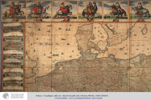 Ein detaillierter Deutschlandplan mit einer Gruppe von Menschen in traditioneller Kleidung auf Pferden im Hintergrund und Text unten.