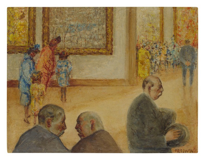 Gemälde mit dem Titel "Die Ausstellung im Museum der Schönen Künste" von Édouard Manet, das formell gekleidete Menschen in einem Museum zeigt, das verschiedene Kunstwerke an den Wänden hat.