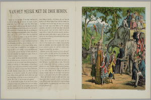 Ein offenes Buch mit dem Titel "Die Geschichte des Zirkus" aus dem Jahr 1885 in den Niederlanden, das eine Illustration einer Zooszene mit Menschen, Tieren, Bäumen, Vögeln und einem Zaun zeigt.