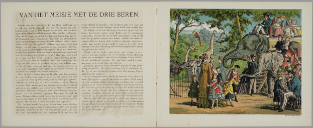 Ein offenes Buch mit dem Titel "Die Geschichte des Zirkus" aus dem Jahr 1885 in den Niederlanden, das eine Illustration einer Zooszene mit Menschen, Tieren, Bäumen, Vögeln und einem Zaun zeigt.
