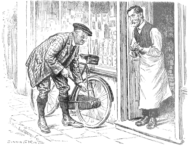 Ein alter Mann in einer Mötte hält ein Fahrrad vor einem Laden mit einer Tür, während verschiedene Gegenstände im Hintergrund und Text am unteren Rand zu sehen sind.