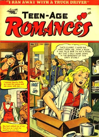 Ein leuchtendes DC-Comics-Plakat mit dem Titel "Teen-Age Romances 23-A", das eine Gruppe von Menschen in einer fröhlichen, romantischen Umarmung zeigt, mit fetter Schrift und leuchtenden Farben.