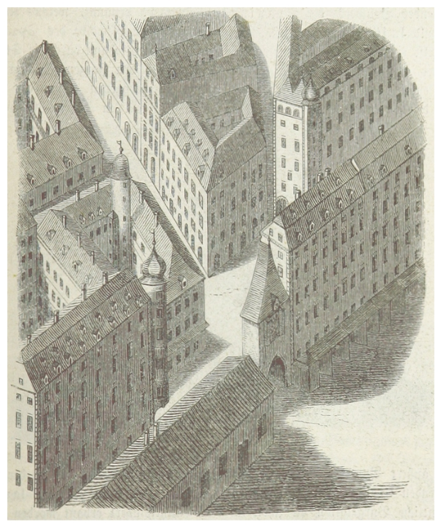 Ein altes Stadtbild mit vielen einzigartig gestalteten Geb├Ąuden und Text am unteren Rand.