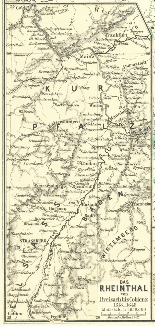 Ein detailliertes altes Kartenbild des Rheins in Deutschland, das Flüsse, Städte und Gewässer zeigt, mit beschreibendem Text oben und unten.