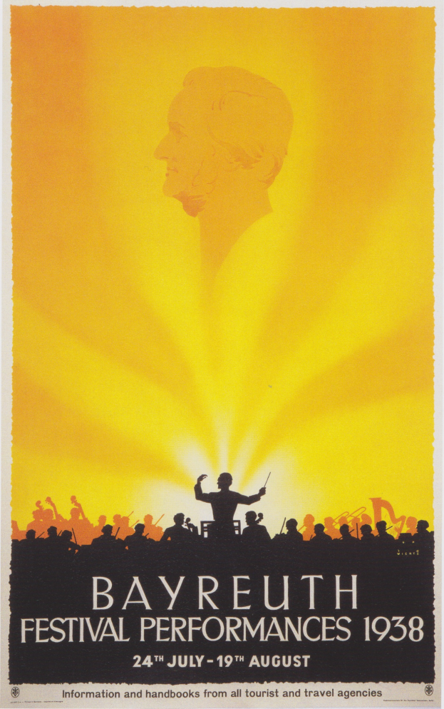 Ein Plakat für die Bayreuther Festspiele 1938, das eine zentrale Figur umgeben von einer Gruppe von Menschen zeigt, mit Text, der Festival-Informationen enthält.