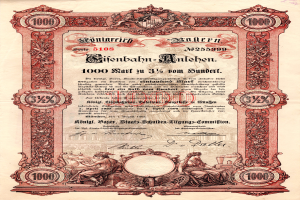 Ein altes deutsches Aktienzertifikat mit einem Mann und einer Frau, mit Text und Zahlen, die die Aktiennennwert angeben.