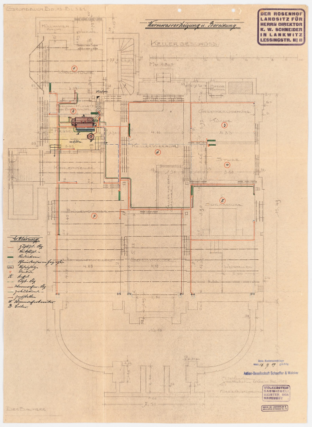 Schwarz-weißer Architekturplan vom Rosenhof-Krankenhaus in Hamburg, Deutschland, mit detaillierter Darstellung und zahlreichen Drähten, die elektrische oder strukturelle Pläne anzeigen, sowie begleitenden Textanmerkungen.