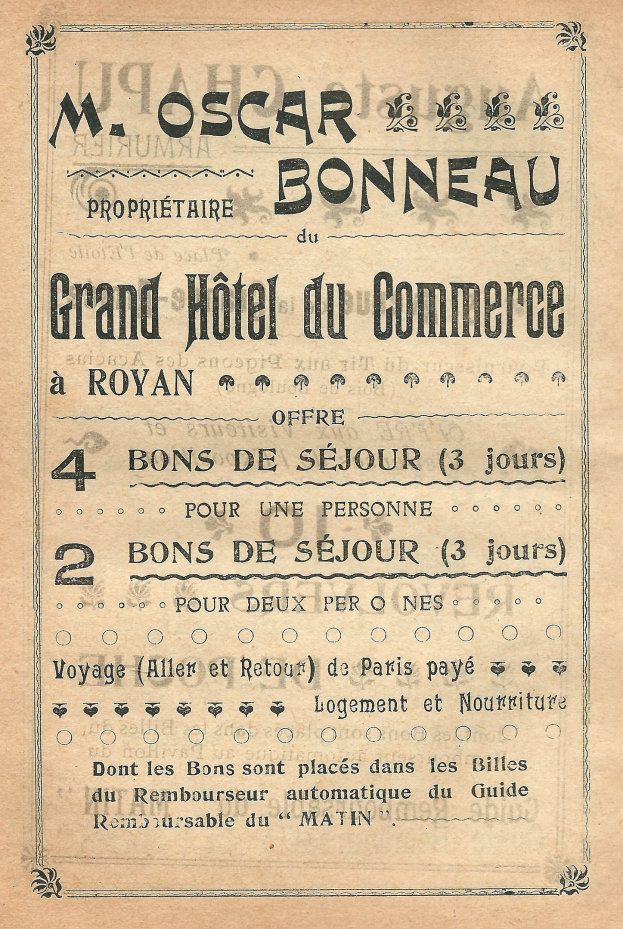 Anzeige für das Grand Hotel du Commerce in Paris, Frankreich, auf altem Papier mit Texten, die die Hotelservices bewerben.