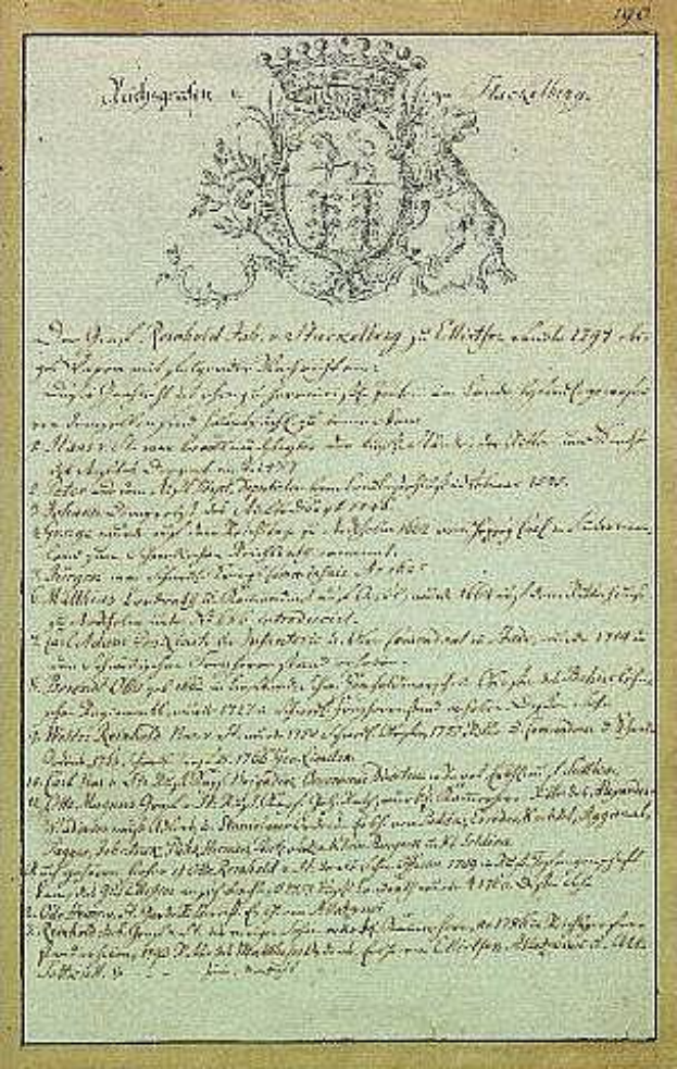 Ein altes Dokument mit einem goldenen Rahmen und einem Wappen, betitelt mit "Johann Wolfgang von Goethes Wiener Vertrag, 1777".
