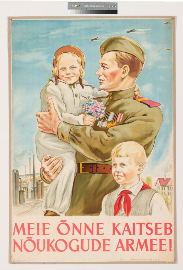 Polnischer Weltkriegs-Propagandaplakat, das einen Mann zeigt, der ein Kind hält und von zwei weiteren Kindern umgeben ist, begleitet von Text.