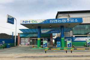 Eine Tankstelle mit einem Schild, das "NH-Oil" zeigt, umgeben von Maschinen, einer Straße, einem Fußweg, einem Pfahl mit einer Tafel und einem Gebäude mit Glasfenstern, mit Bäumen und einem klaren blauen Himmel im Hintergrund.