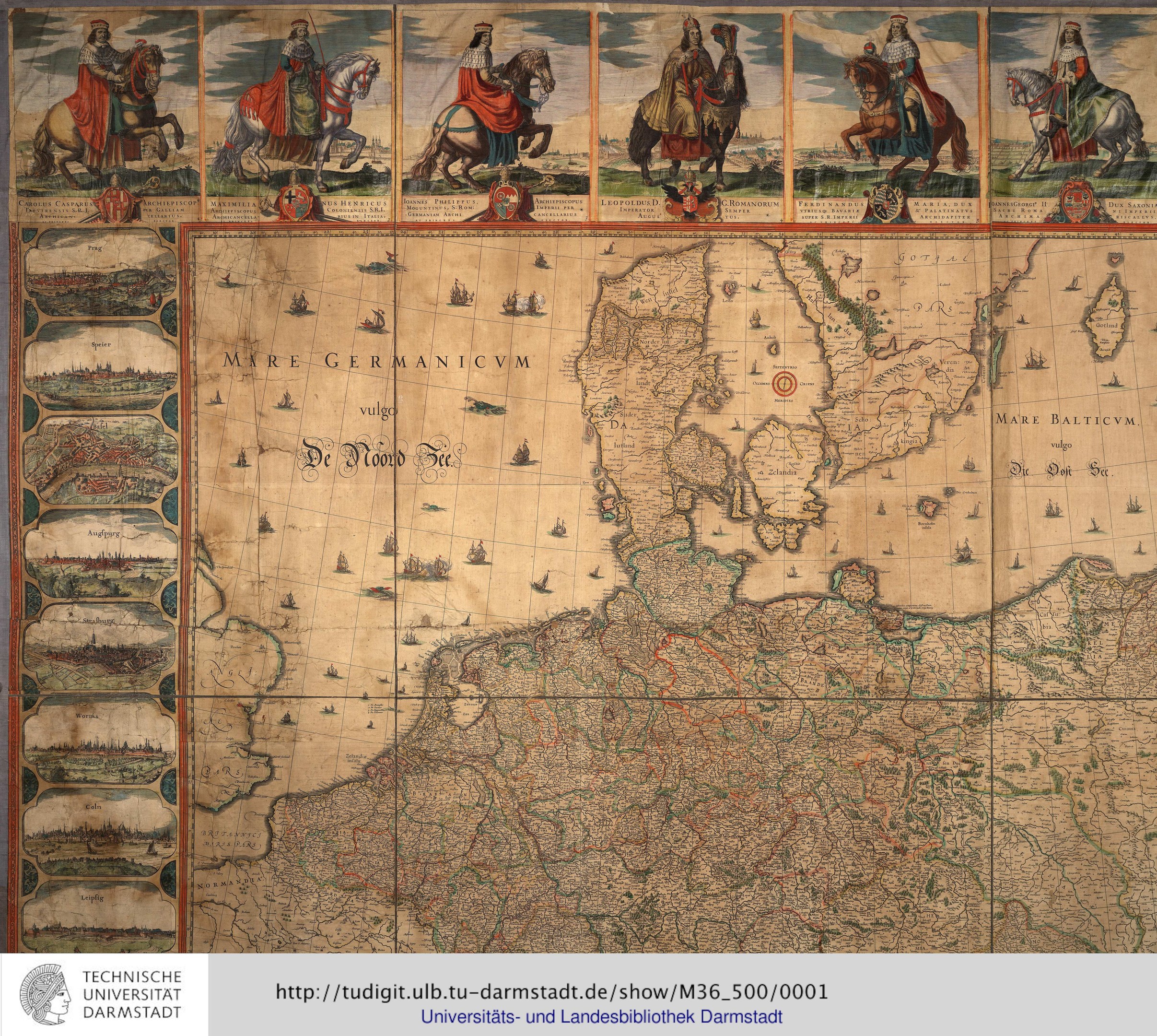 Eine detaillierte Karte von Deutschland mit einer Gruppe von Menschen in traditioneller Kleidung, die im Hintergrund auf Pferden reiten, und Text unten.