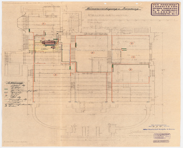 Schwarz-weißer Architekturplan des Rosenhof-Krankenhauses in Hamburg, Deutschland, der detaillierte Layouts mit zahlreichen Kabeln, Räumen, Fluren und Textanmerkungen auf altem Papier zeigt.