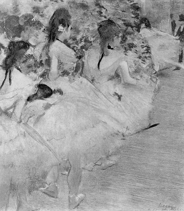 Eine Schwarz-Weiß-Zeichnung einer Gruppe von Tänzern in einem Studio, mit einer Person in der Mitte, die alle farbenfrohe Tutus und Spitzenschuhe tragen, vor einem unscharfen Hintergrund mit Text unten.