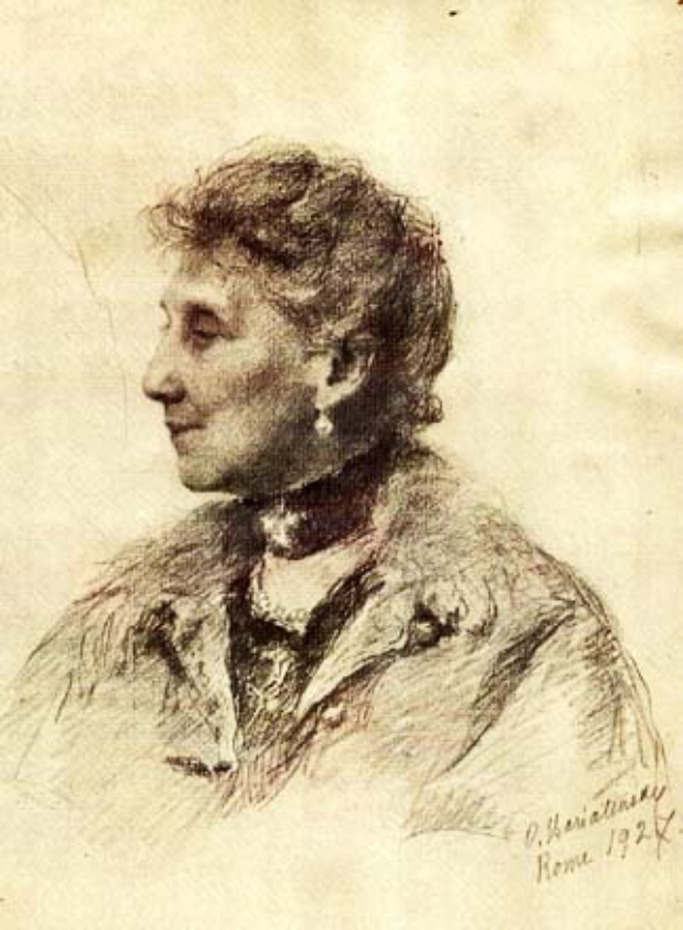 Eine Zeichnung einer Frau mit warmem Lächeln, funkelnden Augen und einem hellen Kleid mit einem gemusterten Schal, ihre Hände vor der Brust verschränkt.