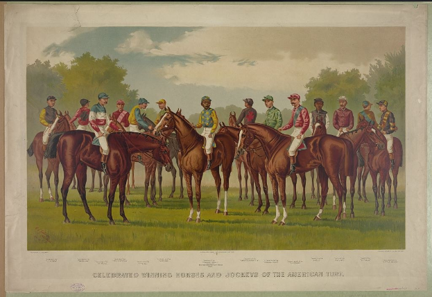 Gruppe von Menschen auf Pferden auf einer grünen Wiese mit Bäumen und einem blauen Himmel, mit Text unten: "Feiernder Siegerpferde und Jockeys der American Turf."
