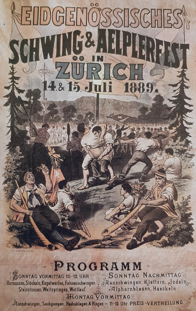 Plakat für ein Zürcher Festival mit einer Gruppe von Menschen mit Stöcken und Bäumen im Hintergrund, begleitet von Text.