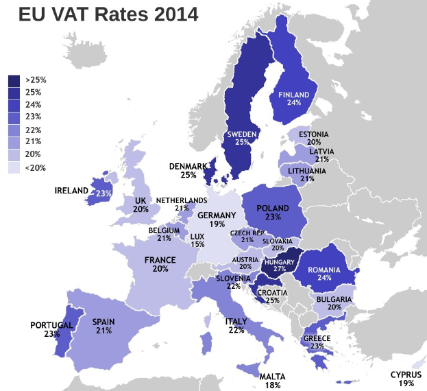 Eine Europakarte, die die EU-Mehrwertsteuersätze von 2014 mit Prozentangaben und Textbeschriftungen anzeigt.