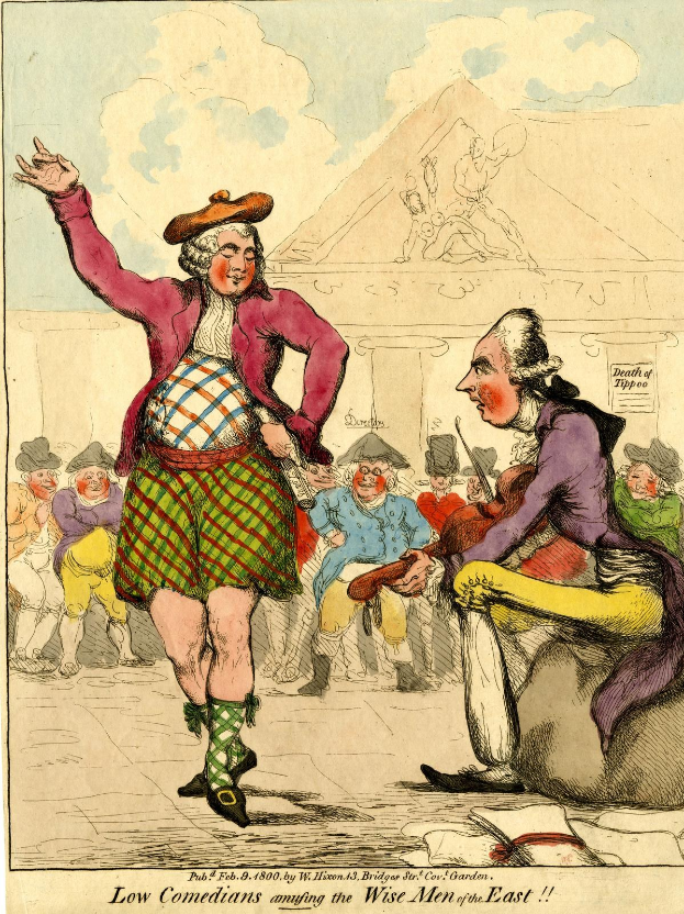 Cartoon-Illustration eines Mannes in einem Kilt und einer Frau in einem Kleid, die vor einem Publikum auf einer Bühne stehen, mit einem Gebäude im Hintergrund und einer bewölkten Himmel, mit dem Text 'Niedrige Komiker, die die weisen Männer des Ostens unterhalten' unten.