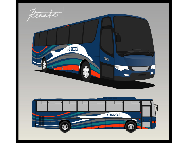 Zwei animierte Busse sind übereinander dargestellt, mit Text an der oberen linken Ecke.