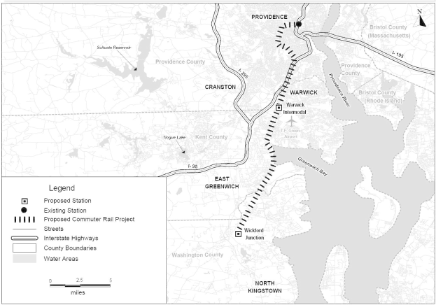 Schwarze und weiße Stadtkarte mit einem Fluss, beschriftet mit "Vorgeschlagenes S-Bahn-Projekt" auf der linken Seite, zeigt Straßen, Autobahnen und andere städtische Merkmale.