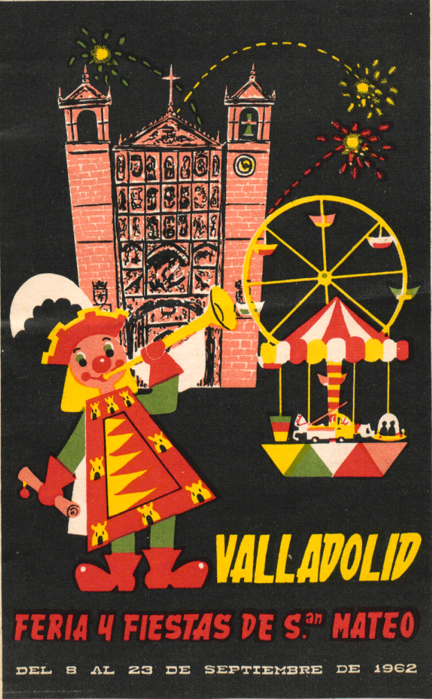 Ein buntes Faschingsplakat aus Valladolid, Spanien, mit einem Gebäude, einem Riesenrad, einem Spielzeug und festlicher Schrift.