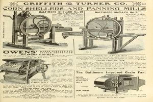 Eine Anzeige für die Maisschalen und Fanning-Mühlen der Griffith & Turner Co., die Bilder der Maschinen und beschreibenden Text zu ihren Funktionen zeigt.