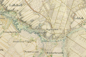 Ein detaillierter alter Stadtplan von Lüttelhof, Deutschland, der Straßen, Parks, Sehenswürdigkeiten und umliegende Gebiete mit Textbeschreibungen zeigt.