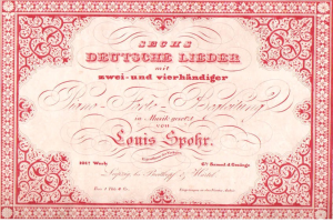 Altes deutsches Wertpapier mit der Aufschrift "Louis Spohr - Zweites Deutsches Lieder" und einem roten Rand und weißem Hintergrund.
