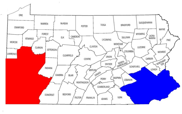 Eine Karte von Pennsylvania, die Wahlergebnisse zeigt, mit Landkreisen in rot und blau gekennzeichnet, beschriftet mit "Pennsylvania Wahl-Ergebnisse."