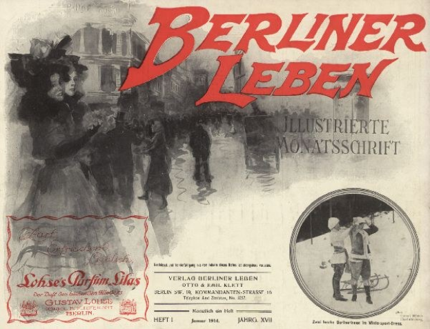 Altes Buch mit dem Titel 'Berliner Leben' und einem Foto von Menschen in traditioneller deutscher Kleidung auf dem Cover und Text, der den Inhalt beschreibt.