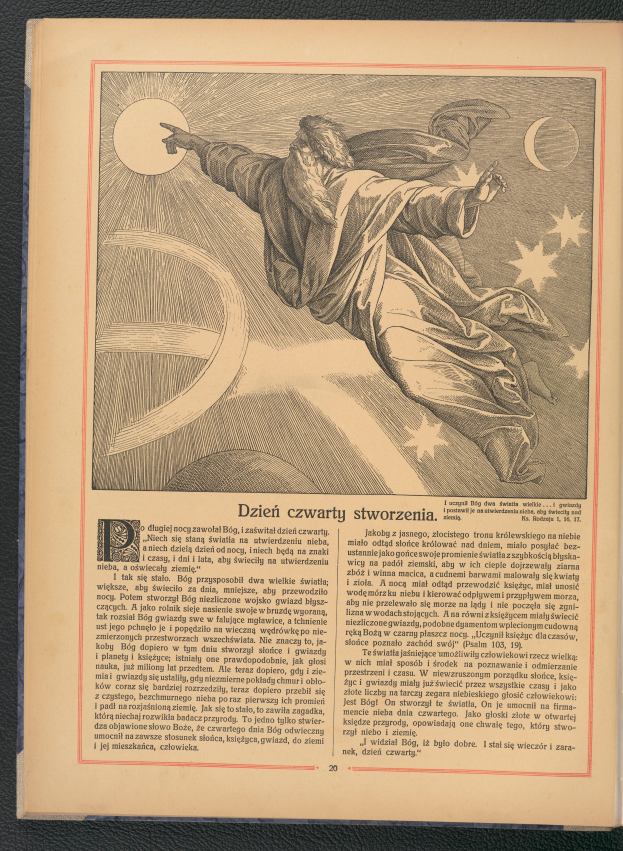 Ein aufgeschlagenes Buch mit einer Zeichnung eines Mannes, der durch die Luft fliegt, umgeben von Sternen und einem Halbmond, mit Text auf der Seite für weitere Details.