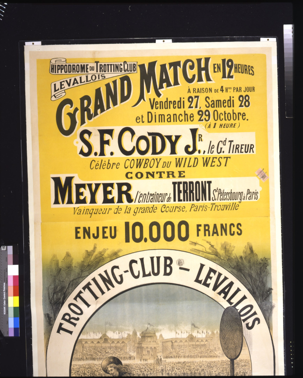 Alter Plakatwerbung für ein großes Match zwischen S.F. Cody und Meyer