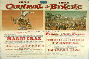 Ein altes Plakat, das einen Karneval in Banche, Frankreich, ankündigt und Bilder von Menschen, Gebäuden und Text zeigt.