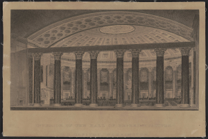 Schwarz-weiß-Zeichnung des Inneren des Repräsentantenhauses in Washington, DC, mit Menschen im Vordergrund, Säulen im Hintergrund und einer Decke darüber, mit Text unten.