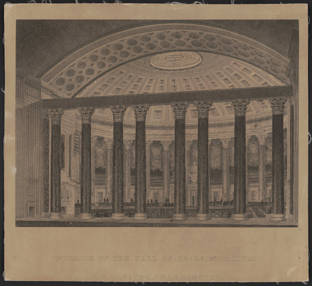 Schwarz-weiß-Zeichnung des Inneren des Repräsentantenhauses in Washington, DC, mit Menschen im Vordergrund, Säulen im Hintergrund und einer Decke darüber, mit Text unten.