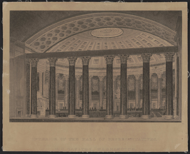 Schwarz-weiß-Zeichnung des Inneren des Repräsentantenhauses in Washington, DC, mit Menschen im Vordergrund, Säulen im Hintergrund und einer Decke darüber, mit Text unten.