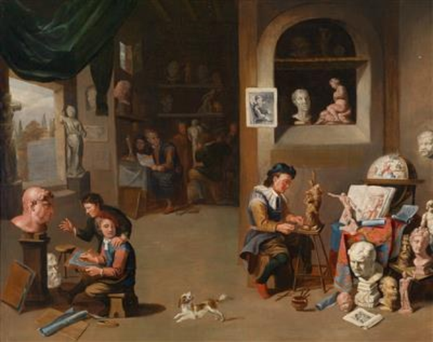 Gemälde mit dem Titel "Das Künstleratelier" von Jan Brueghel dem Jüngeren, das einen unordentlichen Raum mit Menschen, verstreuten Gegenständen, Skulpturen, Büchern und einem Hund zeigt, mit Rahmen an den Wänden und einem Fenster mit einem Vorhang.