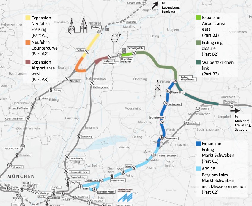 Eine detaillierte Stadtkarte mit einer hervorgehobenen Bahnroute von München nach Frankfurt, die Haltestellen, die Umgebung und zusätzliche Bahninformationen zeigt.