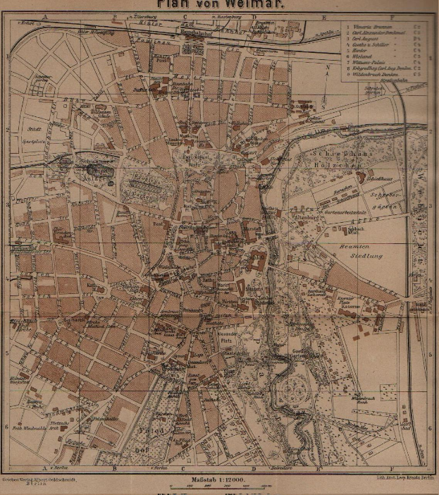 Ein detailliertes altes Stadtplan von Weimar, Deutschland, mit Text oben und unten, der Straßen, Gebäude und Sehenswürdigkeiten zeigt.