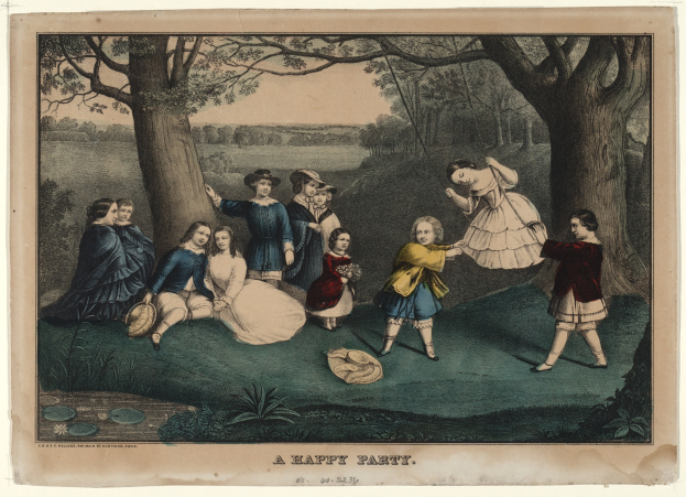 Eine Gruppe von Kindern spielt in einem Park mit Bäumen, Pflanzen und Gras; einige sitzen, während andere stehen, mit dem Text "Eine fröhliche Party" unten.