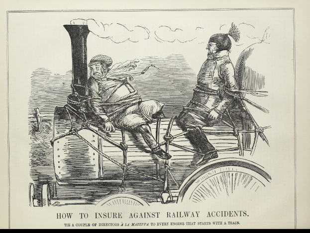 Illustration von zwei besorgten Menschen auf einer Dampflokomotive mit einem großen Vorderrad und kleineren Hinterrad, begleitet von fett gedrucktem Text, der "Wie man sich gegen Eisenbahnunfälle versichern kann." lautet.