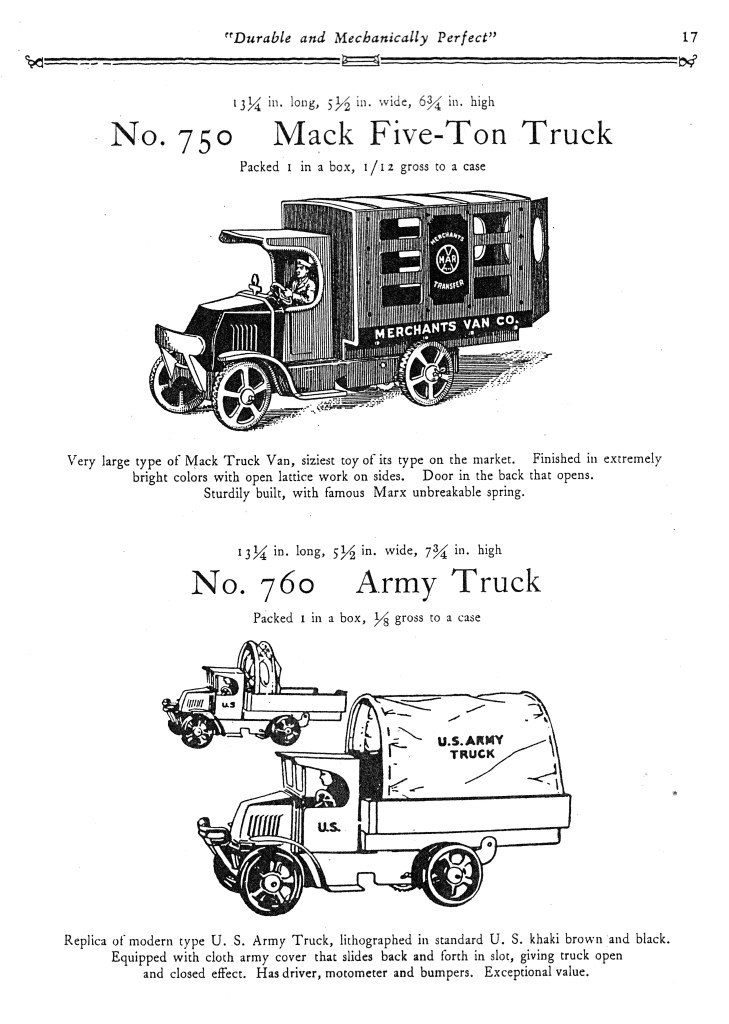 Werbung für einen Mack-Fünf-Tonnen-Lkw mit einer Zeichnung des Fahrzeugs mit einem großen rechteckigen Körper, Anhänger mit flacher Ladefläche und einem einzelnen Vorderrad, umgeben von fettem schwarzem Text, der "Mack Fünf-Tonnen-Lkw" liest.