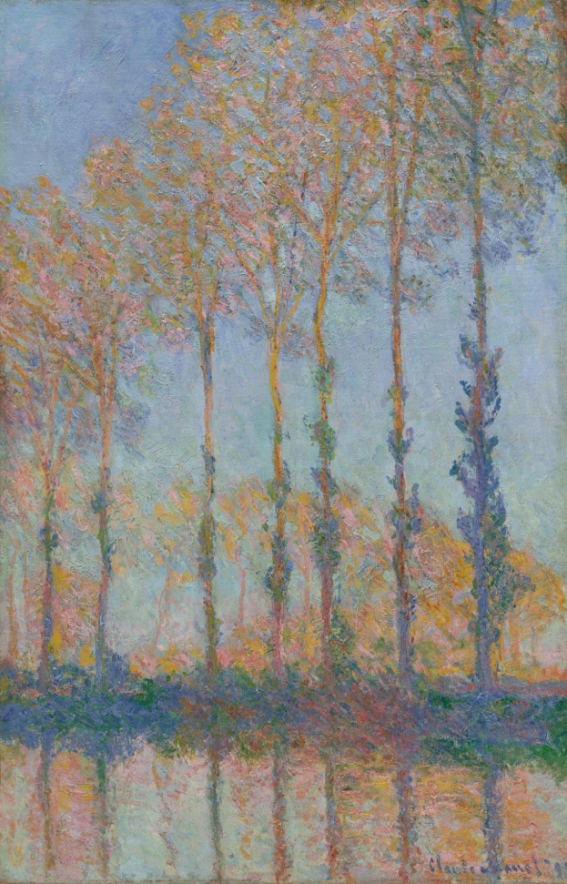 Gemälde von Claude Monet, das Pappeln am Seine-Ufer in Argenteuil zeigt, mit einem ruhigen Himmel im Hintergrund.