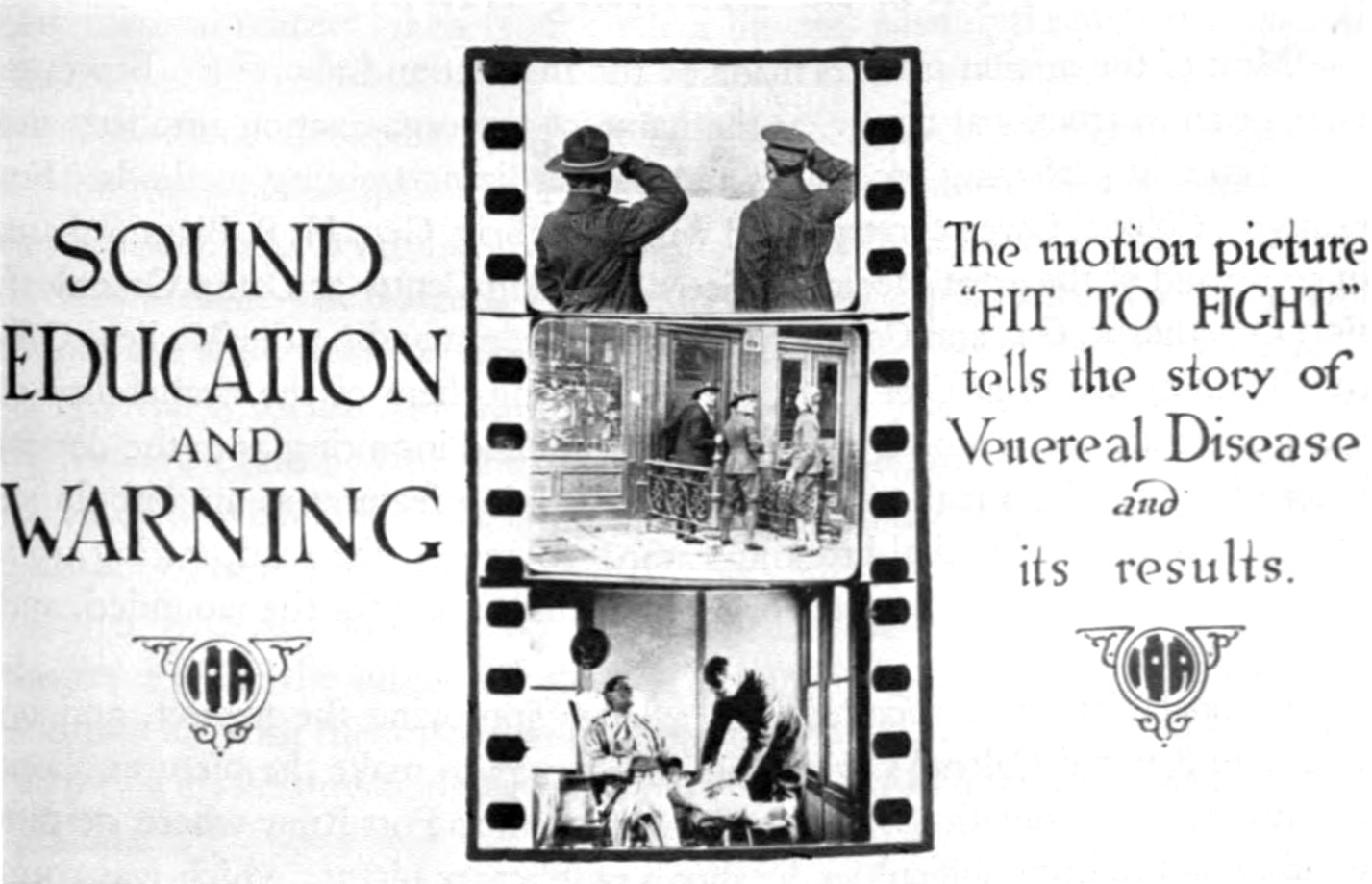 Schwarzes und weißes Plakat mit einer Gruppe von verängstigten Menschen in einem Raum, betitelt mit "sound education and warning" oben.