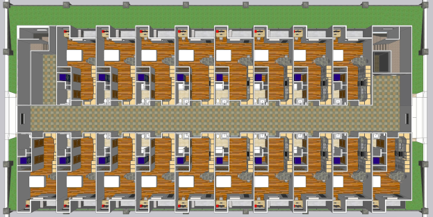 3D-Bodenplan eines Gebäudes mit zahlreichen Räumen, der dessen detaillierte Aufteilung zeigt.