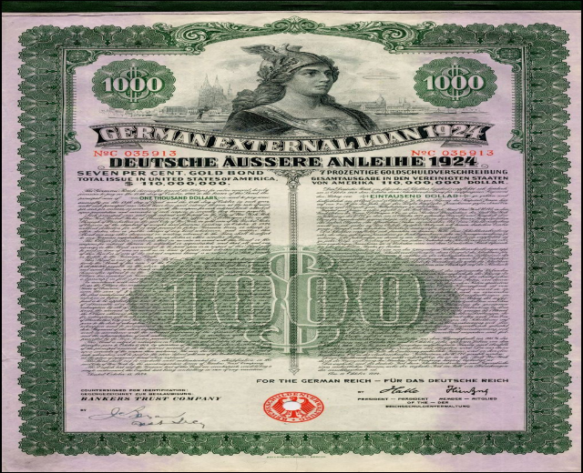 Deutsches Auslandsanleihe-Zertifikat von 1924 mit Abbildung einer Frau, bedrucktem Text und numerischen Denominationen.